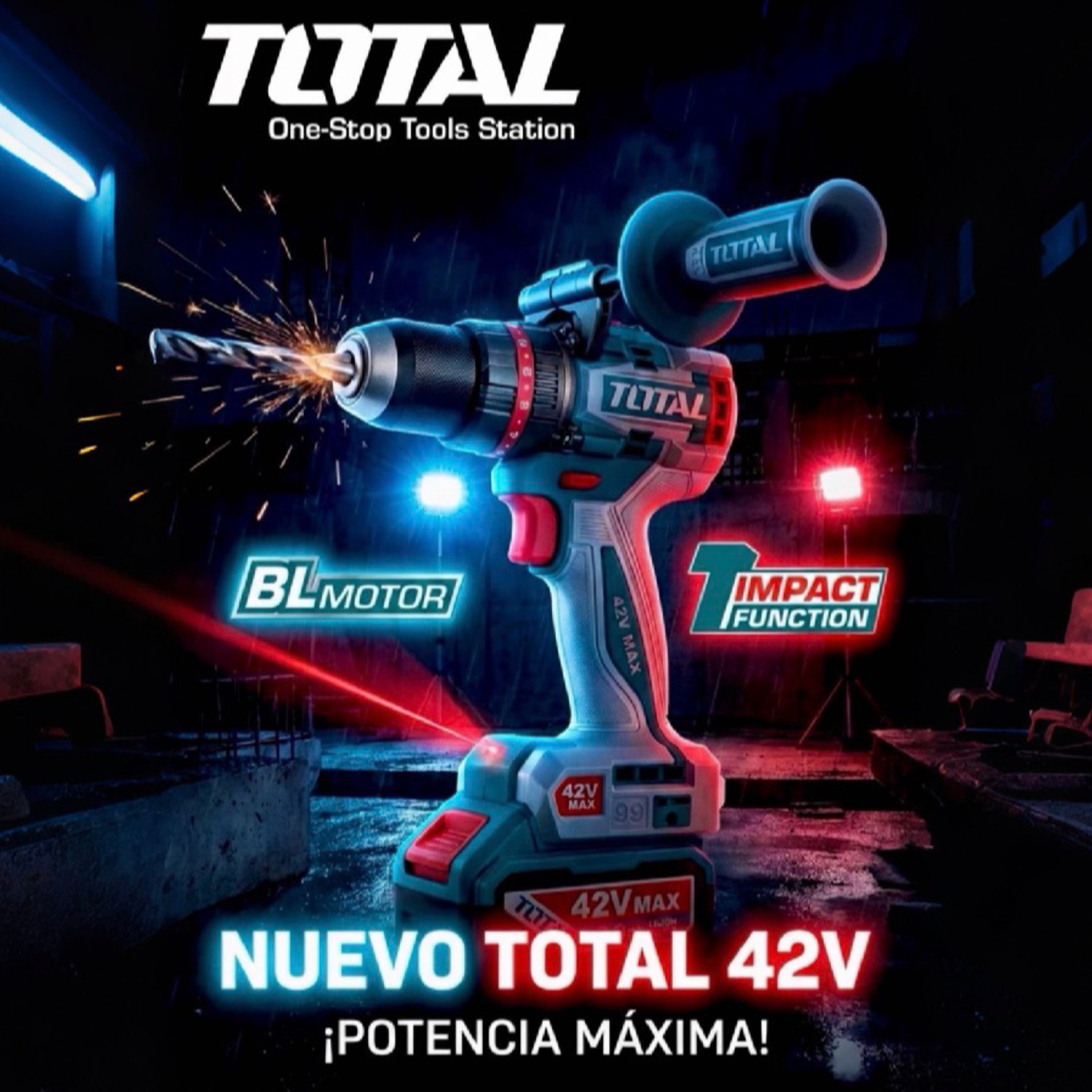 Taladro percutor Brushless 42V 99 Nm con 2 baterias de 2.0ah Total Tools