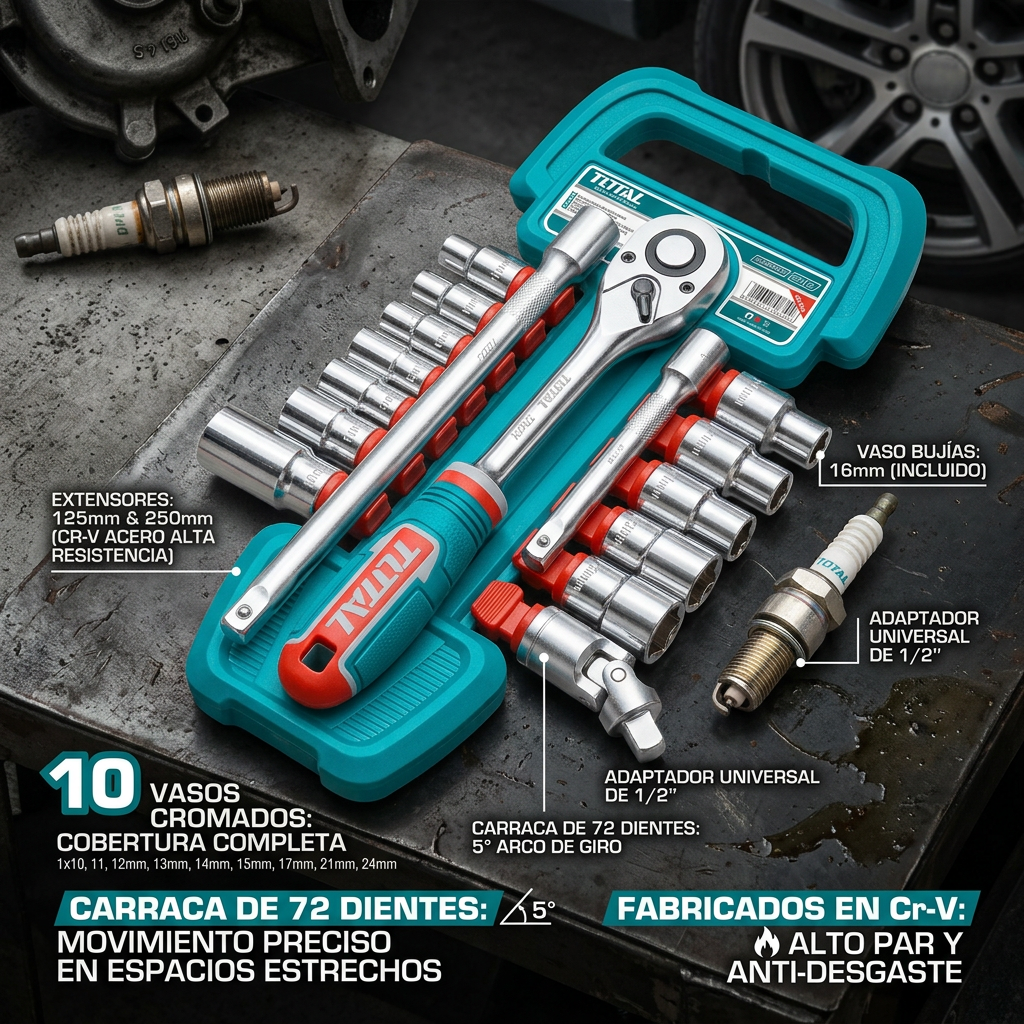 Juego de carraca 10 vasos y puntas 1/2" Total Tools
