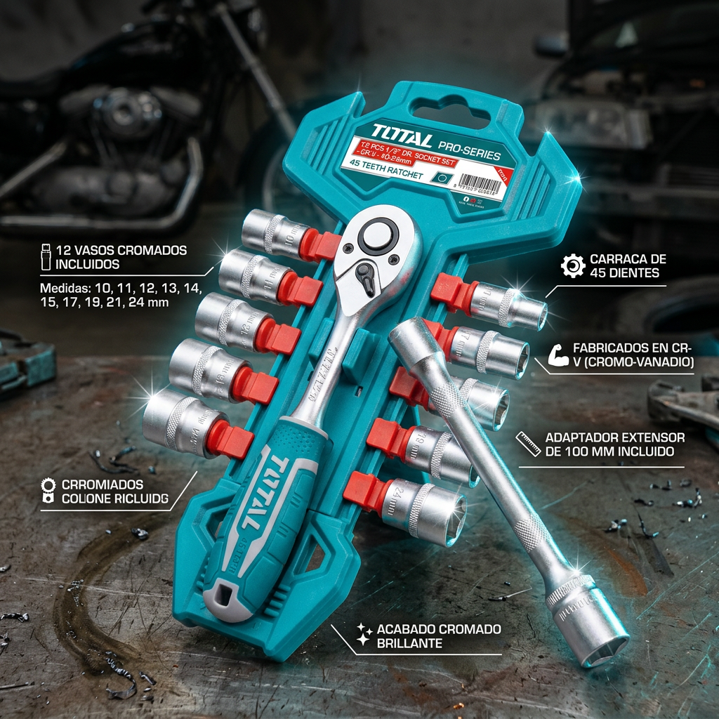 Juego de carraca 10 vasos 1/2" Total Tools