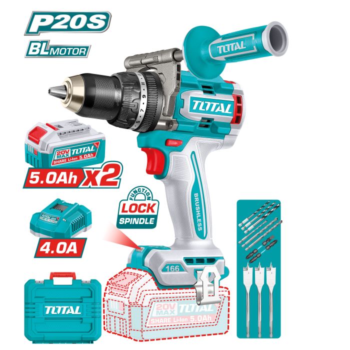 Taladro percutor Brushless 20V 166Nm con 2 baterias de 5.0ah Total Tools